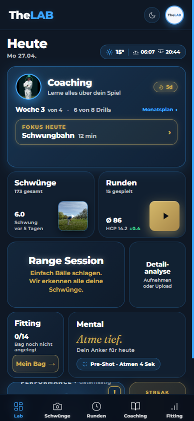 LAB Dashboard mit Coaching-Hero, Fokus heute Schwungbahn 12 min, Mental-Anker