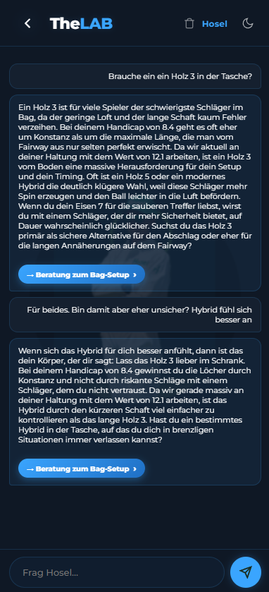 Hosel Bag-Beratung Chat — Holz 3 vs Hybrid Empfehlung