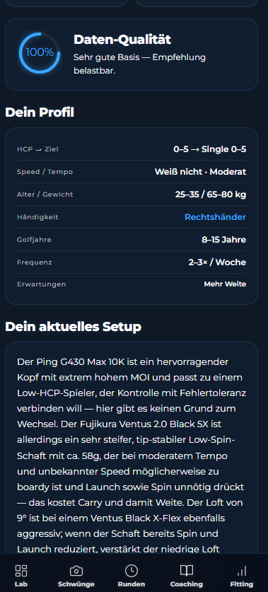 Fitting-Profil mit Daten-Qualität 100%, HCP-Ziel, Alter, Setup-Analyse